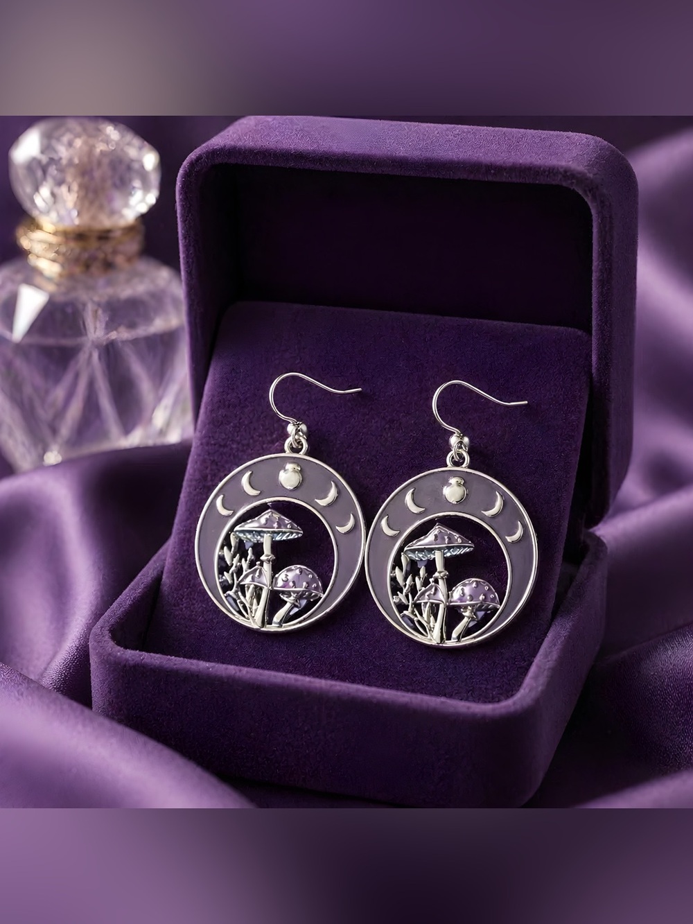 Silver & Purple Moon Phase & Mushroom Enamel Drop Earrings - Hypoallergenic Hook